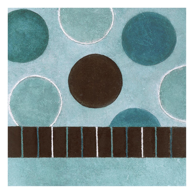 Kristin Emery, BUBBLES II (Abstrakt, Malerei, geometrische Formen, Muster, Kreise, Linien, Streifen, modern, zeitgenössisch, Wohnzimmer, Büro, Treppenhaus, Wunschgröße, blau/braun)