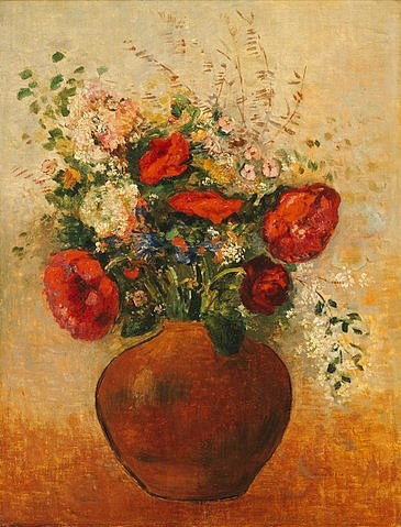 Odilon Redon, Vase mit Blumen. (Postimpressionismus, Stillleben, Blumenvase, Blüten, Blumen, Sommerblumen, Mohn, floral,klassische Moderne, Malerei, Wohnzimmer, Esszimmer, Treppenhaus, Wunschgröße, bunt)