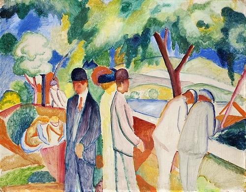 August Macke, Spaziergänger (Großer heller Spaziergang). 1913 (Macke,August,1887-1914,Münster,LWL-Museum für Kunst und Kultur<br>Westfälisches Landesmuseum,Öl/Malkarton,August Macke)