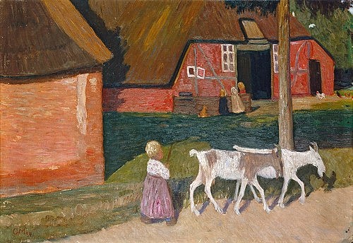 Otto Modersohn, Bauernhaus mit Ziegen und Kindern. Um 1907 (Bauernhof, Reetdach, Kind, Mädchen, Ziegen, Sommer, Alltagsszene, Künstlerkolonie Worpswede, Klassische Moderne,   Wohnzimmer, Treppenhaus, Wunschgröße)