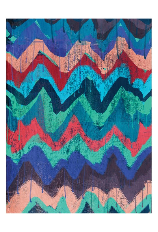 Cynthia Alvarez, COOL CHEVRONS I (Abstrakte Kunst, abstrakte Malerei, Zichzacklinien, Muster, Farbtropfen, moderne Malerei,  Wohnzimmer, Treppenhaus, Wunschgröße, bunt)