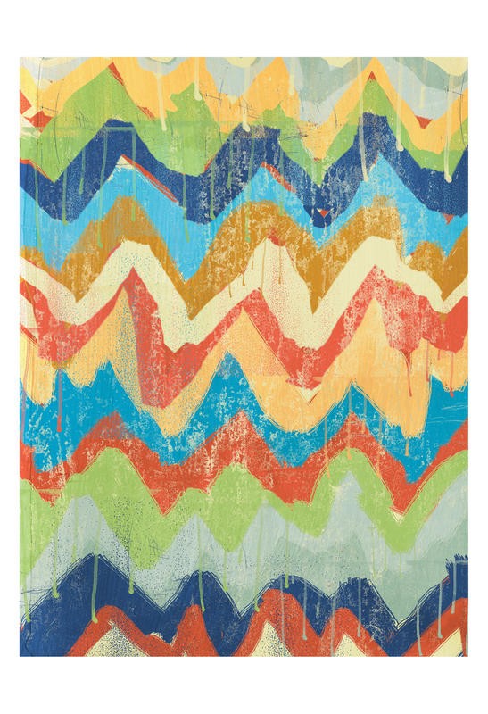 Cynthia Alvarez, NEW CHEVRONS I (Abstrakte Kunst, abstrakte Malerei, Zichzacklinien, Muster, Farbtropfen, moderne Malerei,  Wohnzimmer, Treppenhaus, Wunschgröße, bunt)
