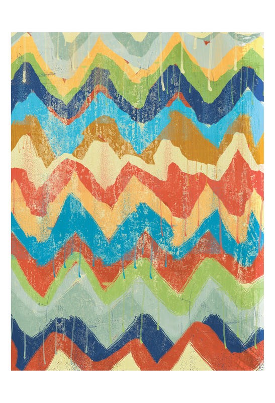Cynthia Alvarez, NEW CHEVRONS II (Abstrakte Kunst, abstrakte Malerei, Zichzacklinien, Muster, Farbtropfen, moderne Malerei,  Wohnzimmer, Treppenhaus, Wunschgröße, bunt)