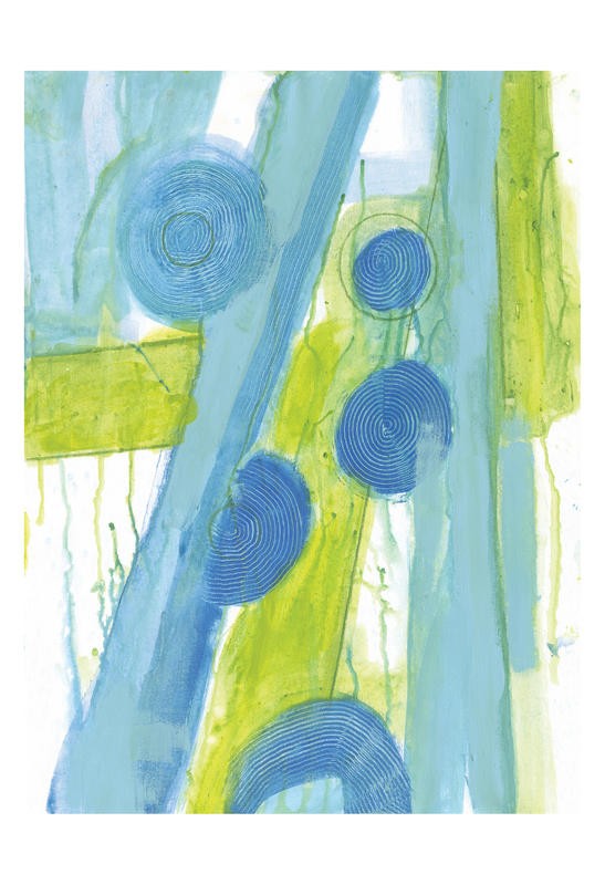 Smith Haynes, NATIVE BLUES II (Abstrakt, Malerei, geometrische Formen, Kreise, Linien, Streben, Verstrebungen, Farbtropfen, modern, Wohnzimmer, Treppenhaus, Büro, Wunschgröße, hellblau/hellgrün)
