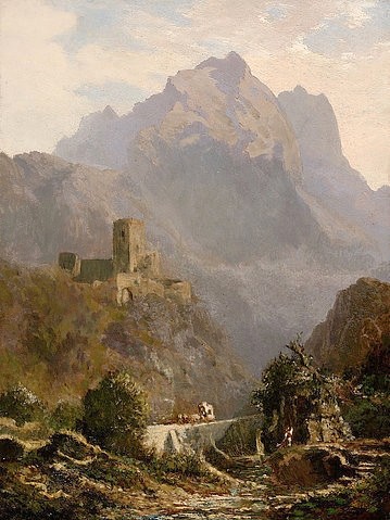 Carl Spitzweg, Romantische Abendlandschaft in Südtirol (Post im Gebirge). (Spitzweg,Carl,1808-1885,Münster,LWL-Museum für Kunst und Kultur<br>Westfälisches Landesmuseum,Öl/Mahagoniholz,Carl Spitzweg,Spitzweg,19. Jahrhundert,Biedermeier,Südtirol,Tirol,Berg,Burg,Landschaft,Gebirge)