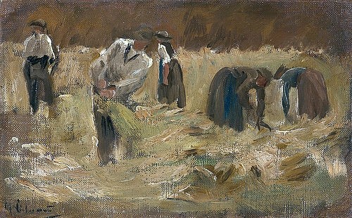 Max Liebermann, Getreideernte. 1874 (Impressionismus,deutscher,19. Jahrhundert,Öl auf Leinwand,Münster,LWL-Museum für Kunst und Kultur<br>Westfälisches Landesmuseum,1847-1935,Liebermann,Max,Max Liebermann,Liebermann,19. Jahrhundert,Landwirtschaft,Impressionismus,impressionistisch,Bauern,Land)