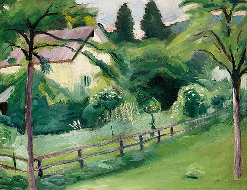 August Macke, Landhaus mit Garten. 1910 (Macke,August,1887-1914,Münster,LWL-Museum für Kunst und Kultur<br>Westfälisches Landesmuseum,Öl/Karton,August Macke,Macke,20. Jahrhundert,Garten,Zaun,grün)