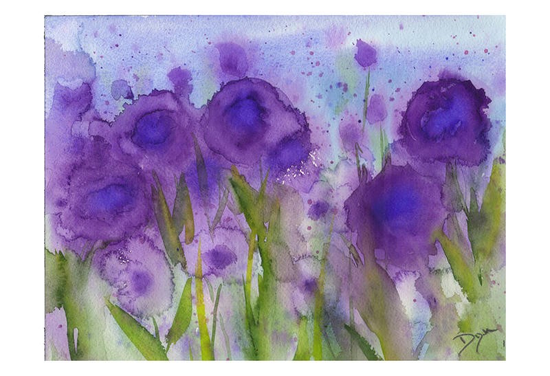 Beverly Dyer, WILDFLOWER IN PURPLE (Blumen, Blüten, Blumenwiese, Wildblumen, Esszimmer, Schlafzimmer, Wohnzimmer, Treppenhaus, Malerei, Aquarell, Wunschgröße, bunt)