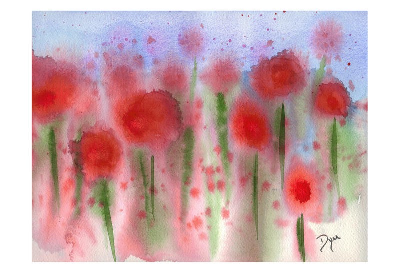 Beverly Dyer, WILDFLOWER IN RED (Blumen, Blüten, Blumenwiese, Wildblumen, Esszimmer, Schlafzimmer, Wohnzimmer, Treppenhaus, Malerei, Aquarell, Wunschgröße, bunt)