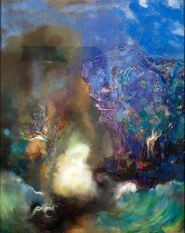 Odilon Redon, Roger und Angelika. Um 1910 (Wunschgröße,klassische Moderne, Symbolismus, Ritter, Hippogreif, Prinzessin, Seeungeheuer, Befreiung, Rettung, Ariost, mystisch, Frauen, Treppenhaus, Wohnzimmer, Malerei, bunt)
