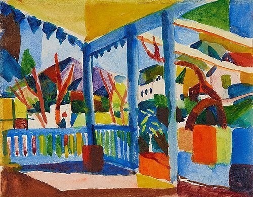 August Macke, Terrasse des Landhauses in St. Germain. 1914 (Terrasse, mediterran , Sommer, Expressionismus, Wohnzimmer, Treppenhaus,  Klassische Moderne, Wunschgröße, Malerei, bunt)