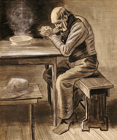 Vincent van Gogh, Das Tischgebet. 1882 (Gogh,Vincent van,1853-1890,Christie's Images Ltd,Bleistift und Kohle,mit weißer Gouache gehöht,auf Papier,La Priere,Vincent Van Gogh,Gogh,19. Jahhurndert,Mann,alter Mann,alt,beten,gefaltete Hände,Gebet,Mahlzeit,essen,Bank,Holzbank,Suppe,Suppenteller,dampf)