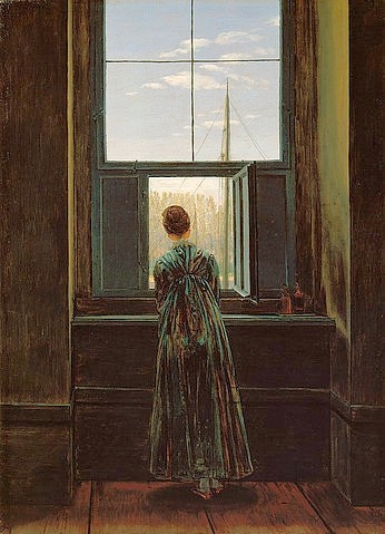 Caspar David Friedrich, Frau am Fenster. 1822(?) (Friedrich,Caspar David,1774-1840,Berlin,Alte Nationalgalerie,19. Jahrhundert,Foto: Artothek,Friedrich, Caspar David Friedrich,Frau Romantik Rückenfigur,Einsamkeit Fenster Empfindsamkeit warten)