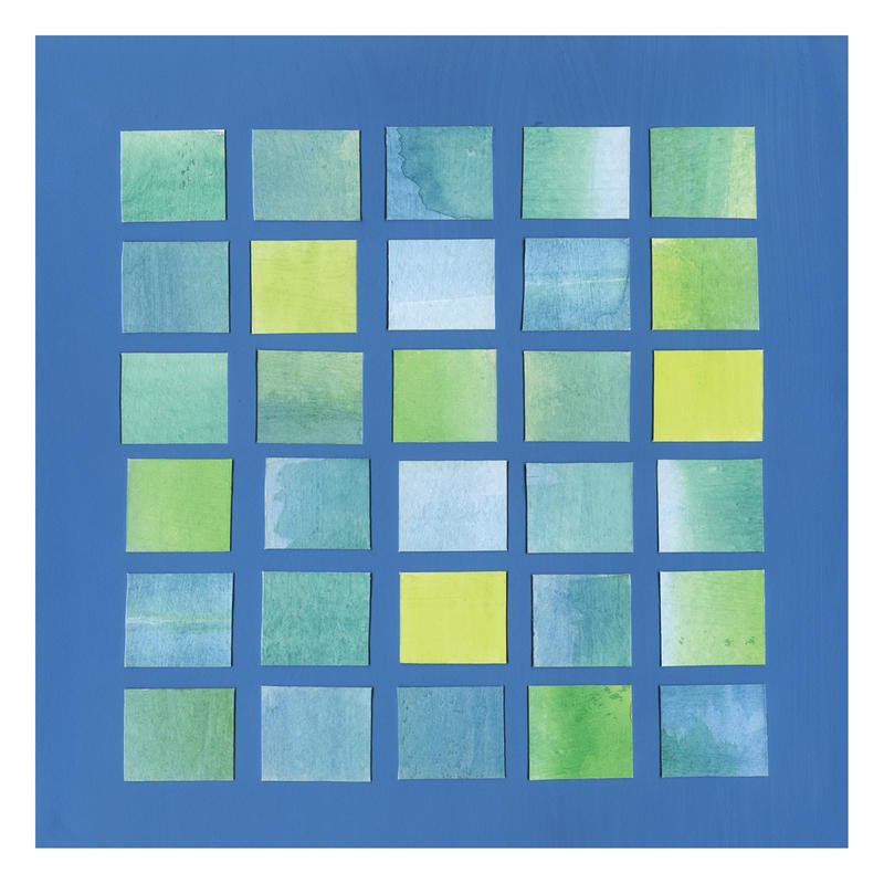 Patti Sechi, BLUE SQUARE II (Muster, Kachelmuster, Quadrate, geometrisch, Küche, Treppenhaus, Wohnzimmer, Wunschgröße, Malerei, blau/grün/gelb)