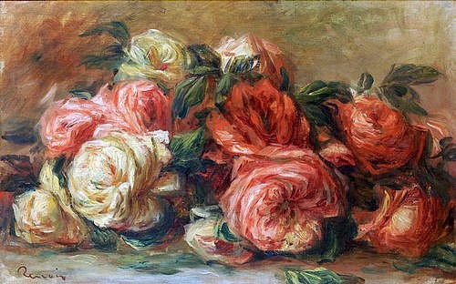 Pierre-Auguste Renoir, Welkende Rosen. (Stillleben, Blumen, Blüten, Rosen, Vanitas, Vergänglichkeit, Blumenstrauß,   floral, Impressionismus, klassische Moderne, Wunschgröße, Wohnzimmer, Esszimmer, Malerei)