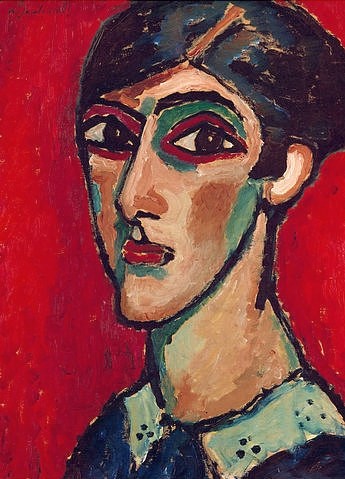 Alexej von Jawlensky, Länglicher Frauenkopf in Braunrot. 1913 (Jawlensky,Alexej von,1864-1941,München,Pinakothek der Moderne,Öl/Preßkarton,20. Jahrhundert,Frau,Junge Frau,Jawlensky, Alexej von Jawlensky,Expressionismus,expressionistisch,Gesicht,Augen,Kontur,Konturlinie,große Augen,rot schwarz,Kragen,große Augen,ernst)