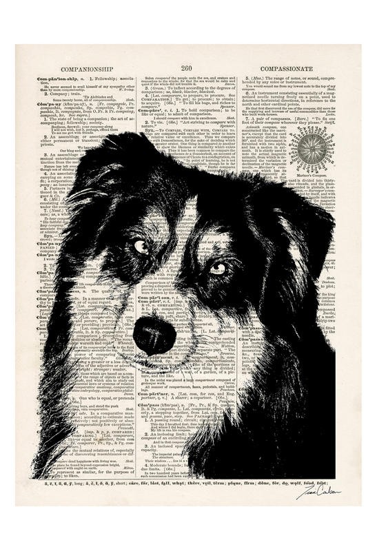 Tina Carlson, THE NEWSPAPER VII (Zeitung, Buchseite, Lexikon, Hund, Tierportrait, Grafik, Wunschgröße, Wohnzimmer, Treppenhaus, schwarz/weiß/sepia)