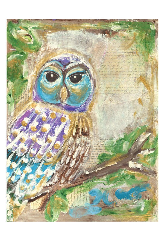 Erin Butson, PURPLE BLUE OWLS I (Eule, Vogel, moderne Malerei, Wohnzimmer, Treppenhaus,   Wunschgröße, bunt)