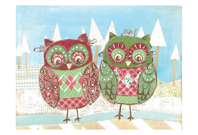 Erin Butson, OWLS DUO I (Eulen, Weihnachsteulen, Weihnachten, fröhlich, lustig, Grafik, Wohnzimmer, Treppenhaus,   Wunschgröße, bunt)