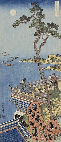 Katsushika Hokusai, Ein Höfling auf einem Balkon eines chinesischen Pavillons, bei Mondlicht in die Ferne blickend. (Christie's Images Ltd,Hokusai,Katsushika,1760-1849,Katsushika Hokusai)