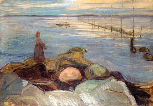 Edvard Munch, An der Küste. 1898 (Munch,Edvard,1863-1944,Christie's Images Ltd,Öl auf Leinwand,20. Jahrhundert,Edvard Munch,Norden,Nordeuropa,Meer,Küste,Frau,warten,Sehnsucht,Einsamkeit,Stille,Melancholie,Steine,Ufer,Küste,weiter Blick,Horizont)