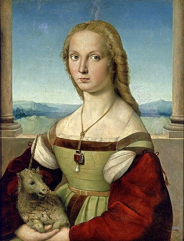 Raffael (Raffaello Sanzio), Die Dame mit dem Einhorn. 1506 (Raffael (Raffaello Sanzio),1483-1520,Rom,Galleria Borghese,16. Jahrhundert,Öl auf Holz auf Lwd. übertragen,Raffaello Sanzio,Maddalena Strozzi,Portrait,Renaissance,Frau,blond,Fabeltier,Einhorn,rein,unschuldig,Kette,Anhänger,Landschaft Hintergrund)
