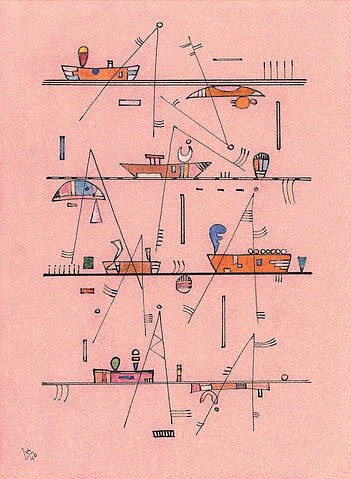 Wassily Kandinsky, Ohne Titel. 1940 (Kandinsky,Wassily,1866-1944,Christie's Images Ltd,20. Jahrhundert,Aquarell,Feder und Tusche,Wassily Kandinsky,1940,rosa,rosafarben,oben,unten,verbunden,Reihen,Boot,Diagramm,Verbindungen,Tusche,Aquarell,Winkel)