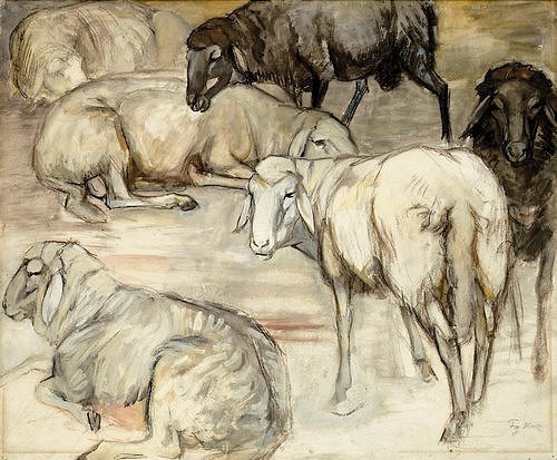 Franz Marc, Schafherde I (Schafherde im Stall). 1908 (Marc,Franz,1880-1916,Christie's Images Ltd,Aquarell/Kohle,20. Jahrhundert,Marc,Franz Marc,Schaf,Schafe,Frühwerk,Herde,Tiere,schwarzes Schaf,weiß,schwarz)