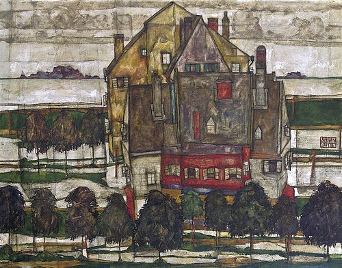 Egon Schiele, Einzelne Häuser (Häuser mit Bergen). 1915 (Schiele,Egon,1890-1918,Christie's Images Ltd,Öl auf Leinwand,20. Jahrhundert,Schiele,Egon Schiele,Haus,Häuser,Dach,verwinkelt,Giebel,Dachgiebel,Bäume)