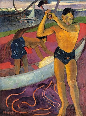 Paul Gauguin, Der Mann mit der Axt. 1891 (Gauguin,Paul,1848-1903,Christie's Images Ltd,Öl auf Leinwand,19. Jahrhundert,Gauguin,Paul Gauguin,Post-Impressionismus,Mann,Axt,Beil,Kanu,Tahiti,Tahitianer,hacken)