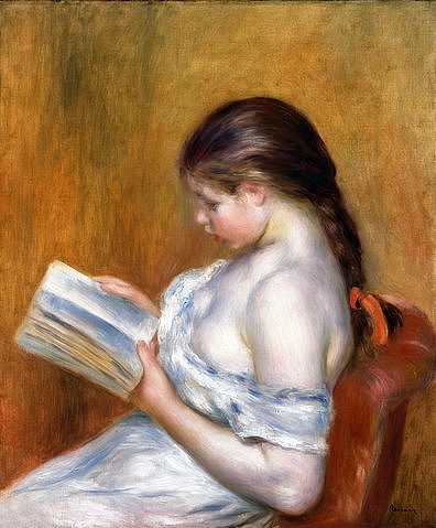 Pierre-Auguste Renoir, Die Lektüre. 1888 (Mädchen,Zopf, Lesende, Buch, vertieft, Nachthemd,  Impressionismus, klassische Moderne, Wunschgröße, Wohnzimmer, Malerei)