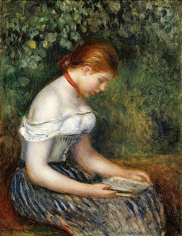 Pierre-Auguste Renoir, Die Lesende (Sitzendes junges Mädchen). 1887 (Sitzende, Frau, Mädchen, Lesende, Buch, Sommer, Garten, Halsband, Impressionismus, klassische Moderne, Wunschgröße, Wohnzimmer, Malerei)