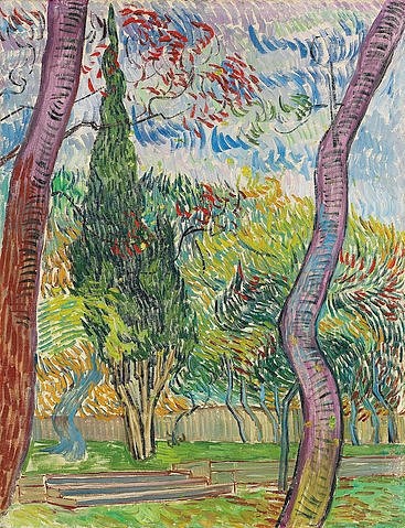 Vincent van Gogh, Der Park des Hospitals Saint-Paul. 1889 (Garten, Park, Krankenhaus, Baumstamm, Bäume, Zypresse, Stufen, Klassische Moderne, Impressionismus, Wohnzimmer, Treppenhaus, Wunschgröße, bunt)