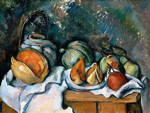 Paul Cézanne, Stillleben mit Früchten und Ingwerkrug. Um 1895 (Cézanne,Paul,1839-1906,Christie's Images Ltd,Öl auf Leinwand,Paul Cezanne,Melone,Obst,Stilleben,Tisch,Tischtuch,Post-Impressionismus)