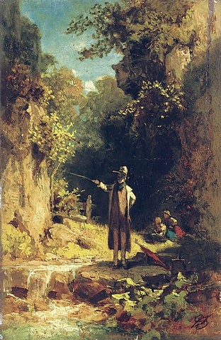 Carl Spitzweg, Der Angler. Um 1860 (Spitzweg,Carl,1808-1885,Christie's Images Ltd,Öl auf Holz,Carl Spitzweg,19. Jahrhundert,Angler,Mann,Freizeit,Freizeitsport)