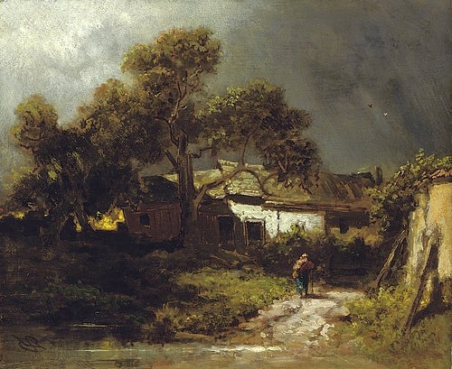 Carl Spitzweg, Alte Bauernhäuser. (Spitzweg,Carl,1808-1885,Christie's Images Ltd,Öl auf Holz,19. Jahrhundert,Carl Spitzweg,19. Jahrhundert,Bauernhaus,Kate,gewittrig,windschief)