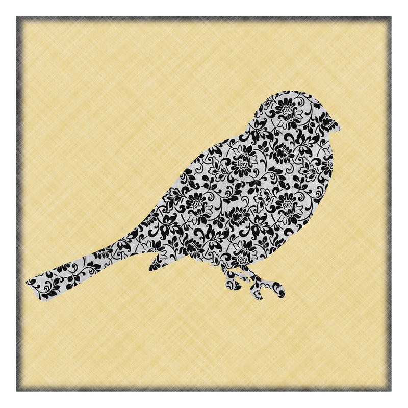 Kristin Emery, BROCADE BIRD III (Vogel, Profil, Blumenmmuster, plakativ, Wunschgröße, Wohnzimmer, Treppenhaus, Schlafzimmer, Wunschgröße, grau/beige)