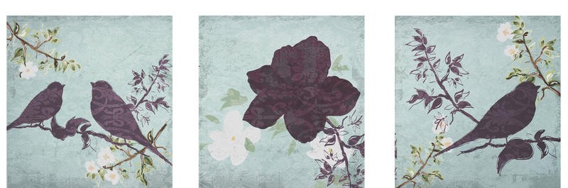 Taylor Greene, FLORAL BIRD (Blüten, Äste, Zweige, Vögel, Silhouette, modern, Triptychon, Grafik, Wunschgröße, Treppenhaus, Schlafzimmer)