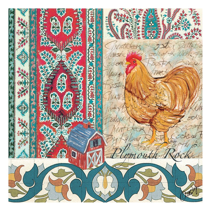 Anne Ormsby, CHICKEN RUN I (Huhn, Hühnerhaus,  Muster, Blumenranken, Ornamente, Malerei, Wunschgröße, Wohnzimmer, Esszimmer, Treppenhaus, bunt)