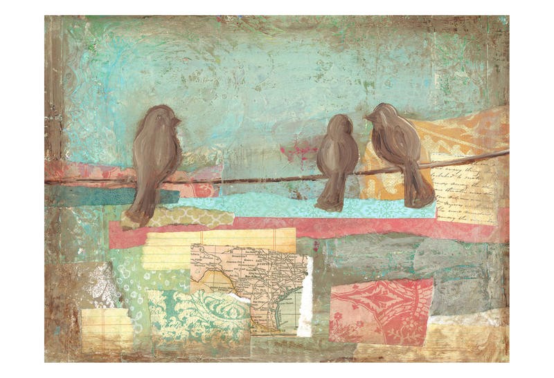 Erin Butson, BIRD ON WIRE COLLAGE I (Vögel, Leitung, modern, Collage, Tapetenmuster, Papierschnipsel, Wohnzimmer, Treppenhaus,  Wunschgröße, bunt)