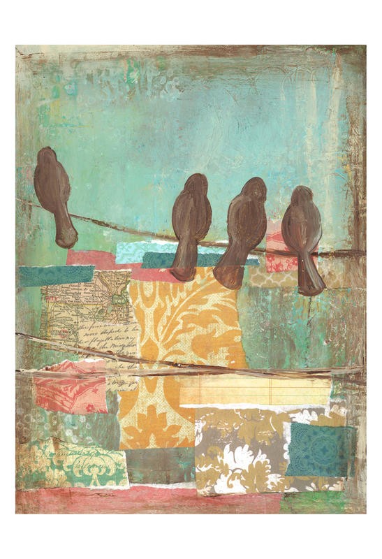 Erin Butson, BIRD ON WIRE COLLAGE II (Vögel, Leitung, modern, Collage, Tapetenmuster, Papierschnipsel, Wohnzimmer, Treppenhaus,  Wunschgröße, bunt)