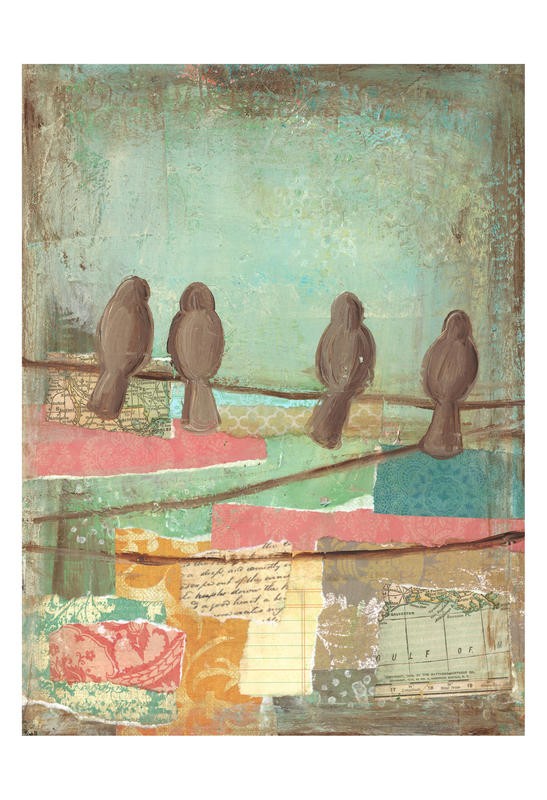 Erin Butson, BIRD ON WIRE COLLAGE III (Vögel, Leitung, modern, Collage, Tapetenmuster, Papierschnipsel, Wohnzimmer, Treppenhaus,  Wunschgröße, bunt)