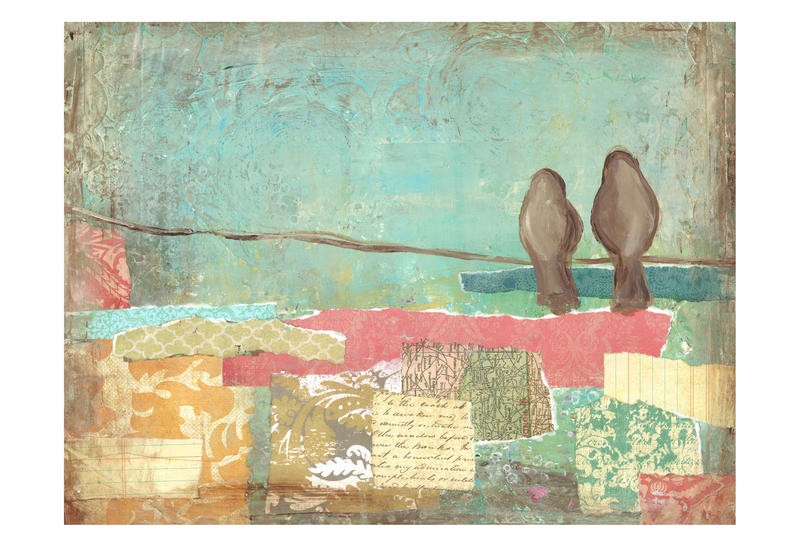 Erin Butson, BIRD ON WIRE COLLAGE IV (Vögel, Leitung, modern, Collage, Tapetenmuster, Papierschnipsel, Wohnzimmer, Treppenhaus,  Wunschgröße, bunt)