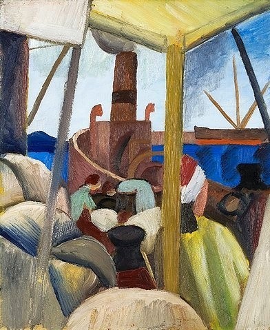 August Macke, Hafen in Tunis. 1914 (Macke,August,1887-1914,Münster,LWL-Museum für Kunst und Kultur<br>Westfälisches Landesmuseum,Öl auf Leinwand,20. Jahrhundert,August Macke,Tunis,Reise,Hafen,Schiff,Schornstein,Schiffsschornstein,beladen,Orient,Cargo,Frachtschiff)