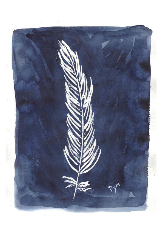 Beverly Dyer, INDIGO FEATHERS II (Feder, Vogelfeder, abstrakter Hintergrund, Schlafzimmer, Wohnzimmer, Treppenhaus, Malerei, Wunschgröße, blau/weiß)