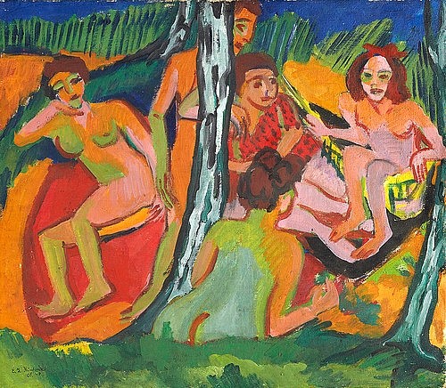 Ernst Ludwig Kirchner, Szene im Wald. 1910 (Städel Museum,Frankfurt am Main,Kirchner,Ernst Ludwig,1880-1938,Öl auf Leinwand,Kirchner,Ernst Ludwig Kirchner,Expressionismus,Die Brücke,Gruppe,baden,Akt,Badende)