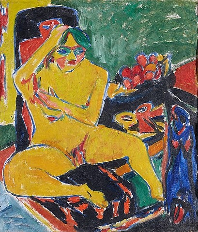 Ernst Ludwig Kirchner, Akt im Atelier. (Städel Museum,Frankfurt am Main,Kirchner,Ernst Ludwig,1880-1938,Öl auf Leinwand,Ernst Ludwig Kirchner,Expressionismus,Brücke,Akt,gelb,Frau,Modell,Teppisch)