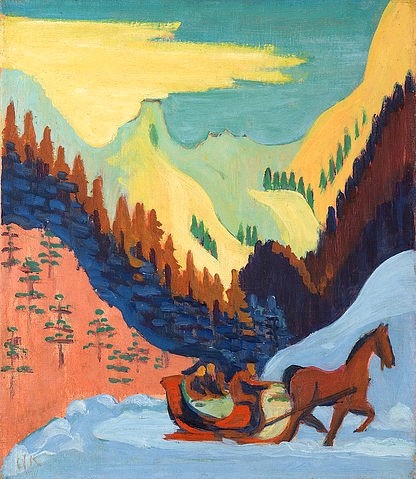 Ernst Ludwig Kirchner, Schlittenfahrt im Schnee. 1927/29 (Städel Museum,Frankfurt am Main,Kirchner,Ernst Ludwig,1880-1938,Öl auf Leinwand,20. Jahrhundert,Copyright: Horst Ziegenfusz,Kirchner,Ernst Ludwig Kirchner,Winter,Landschaft,Schnee,Schlitten,Schlittenfahrt,Berge,Pferdeschlitten,Kutschfahrt,Tal)