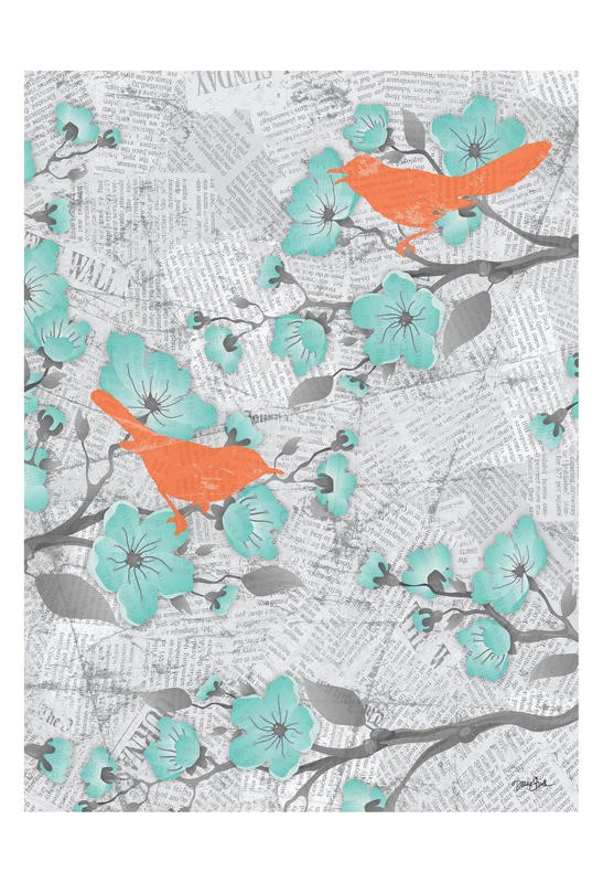 Diane Stimson, CHERRY BLOSSOM BLUE II (Zweige, Blütenzweige, Kirschblüten, Vögel, Silhouette, Zeitung, modern, Grafik, Wunschgröße, Treppenhaus, Wohnzimmer, bunt)