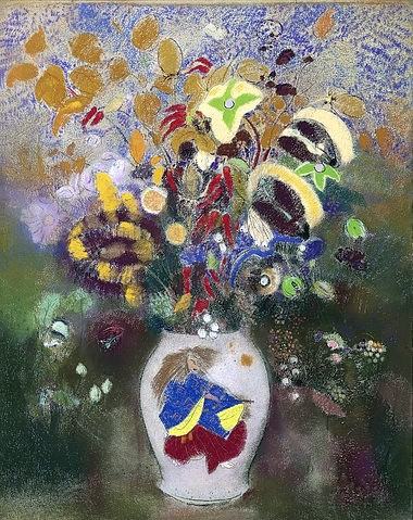 Odilon Redon, Blumenvase mit japanischem Krieger. 1905-08 (Postimpressionismus, Stillleben, Blumenvase, Blüten, Blumen, Sommerblumen, floral, klassische Moderne, Malerei, Wohnzimmer, Esszimmer, Treppenhaus, Wunschgröße, bunt)